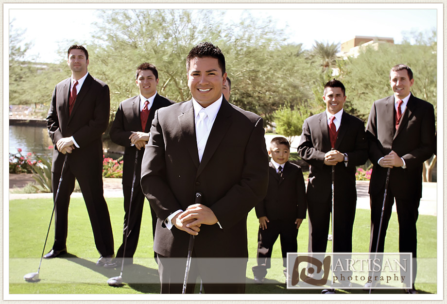 Groom playing golf at the JW Marriott Desert Ridge