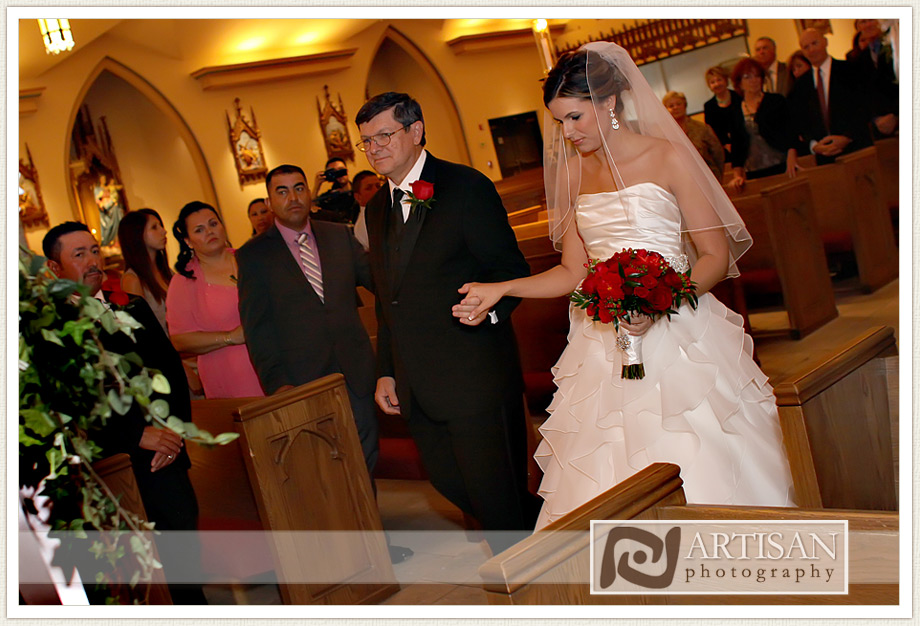 bride walking down the aisle with father at St Joan of Arc in Phoenix